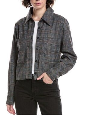 CAbi Gray Plaid Cropped Button-Front Jacket